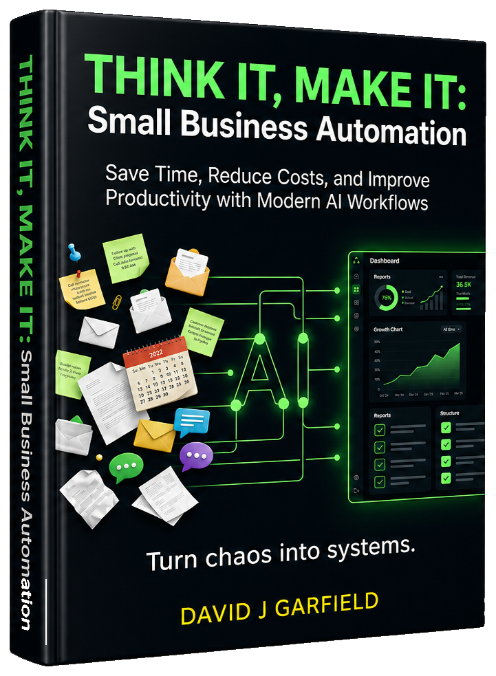 Think It, Make It: Small Business Automation — 3D book cover by David J Garfield