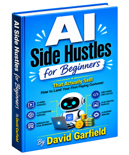 AI Side Hustles for Beginners That Actually Sell — 3D book cover by David Garfield